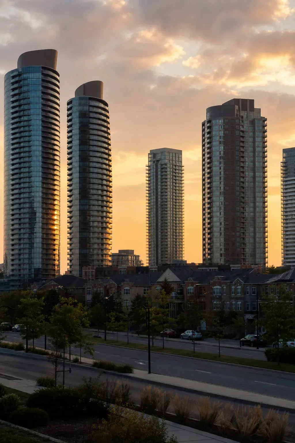 Modern city centre skyline at sunset