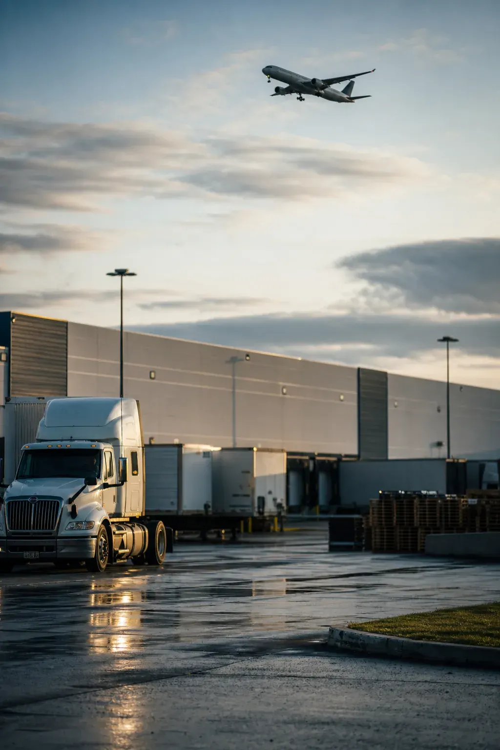 Transport trucks at a distribution centre near the airport