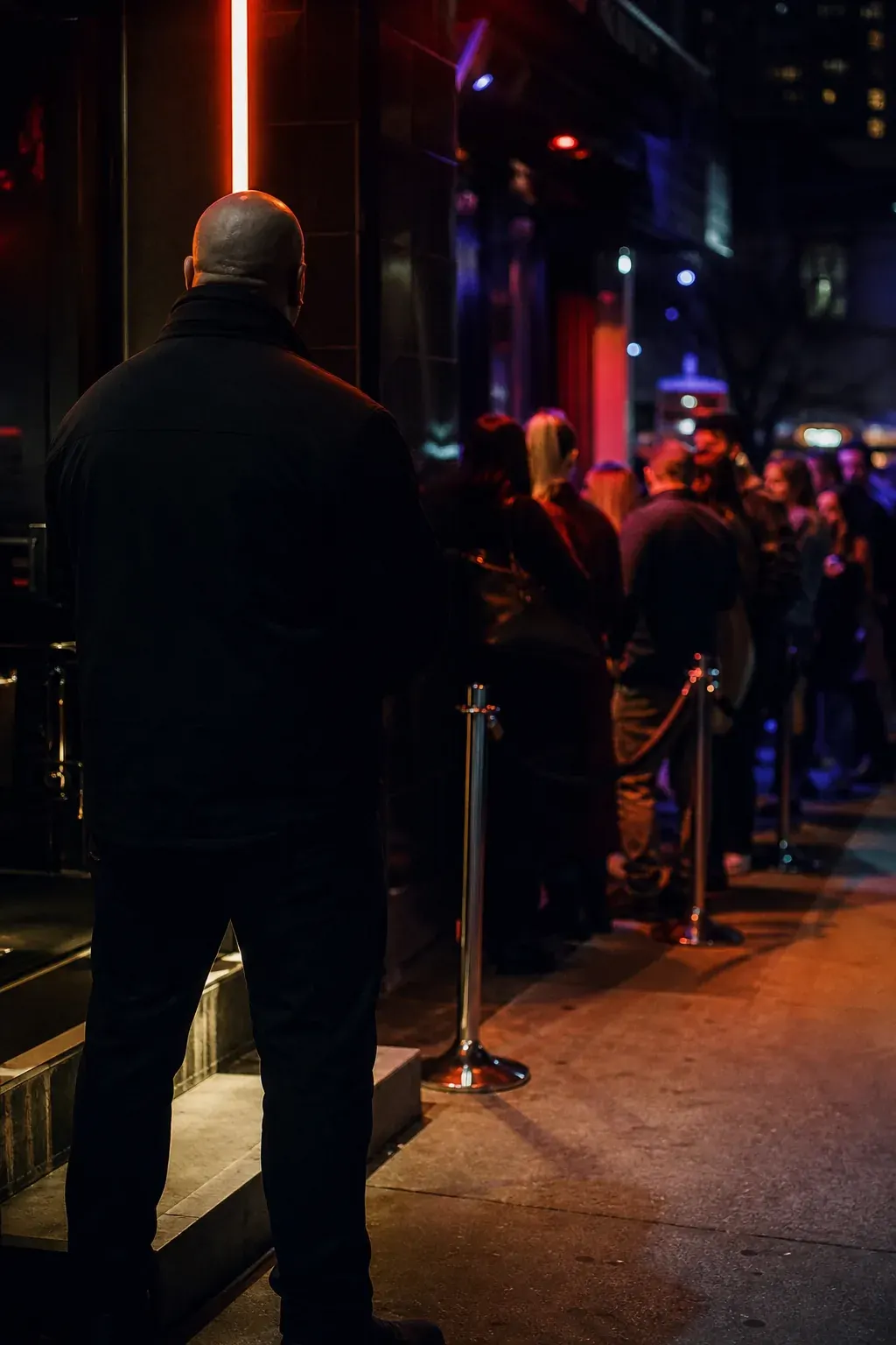 Security staff at a nightclub entrance at night