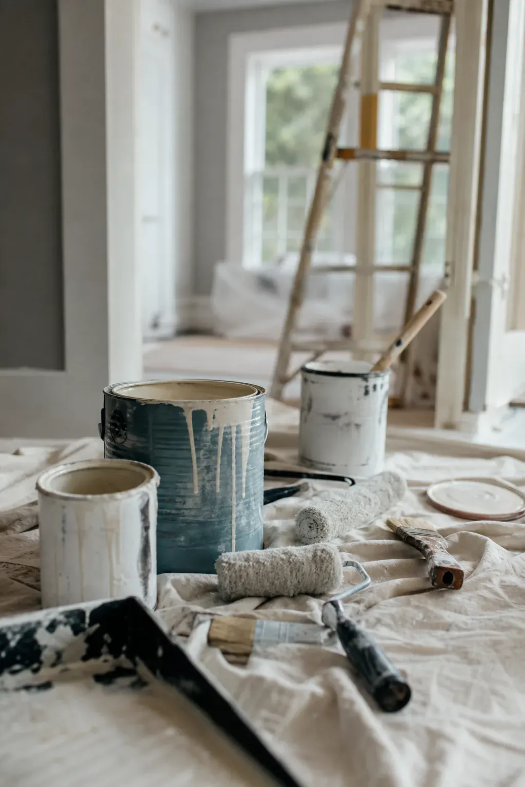 Painting supplies on a drop cloth