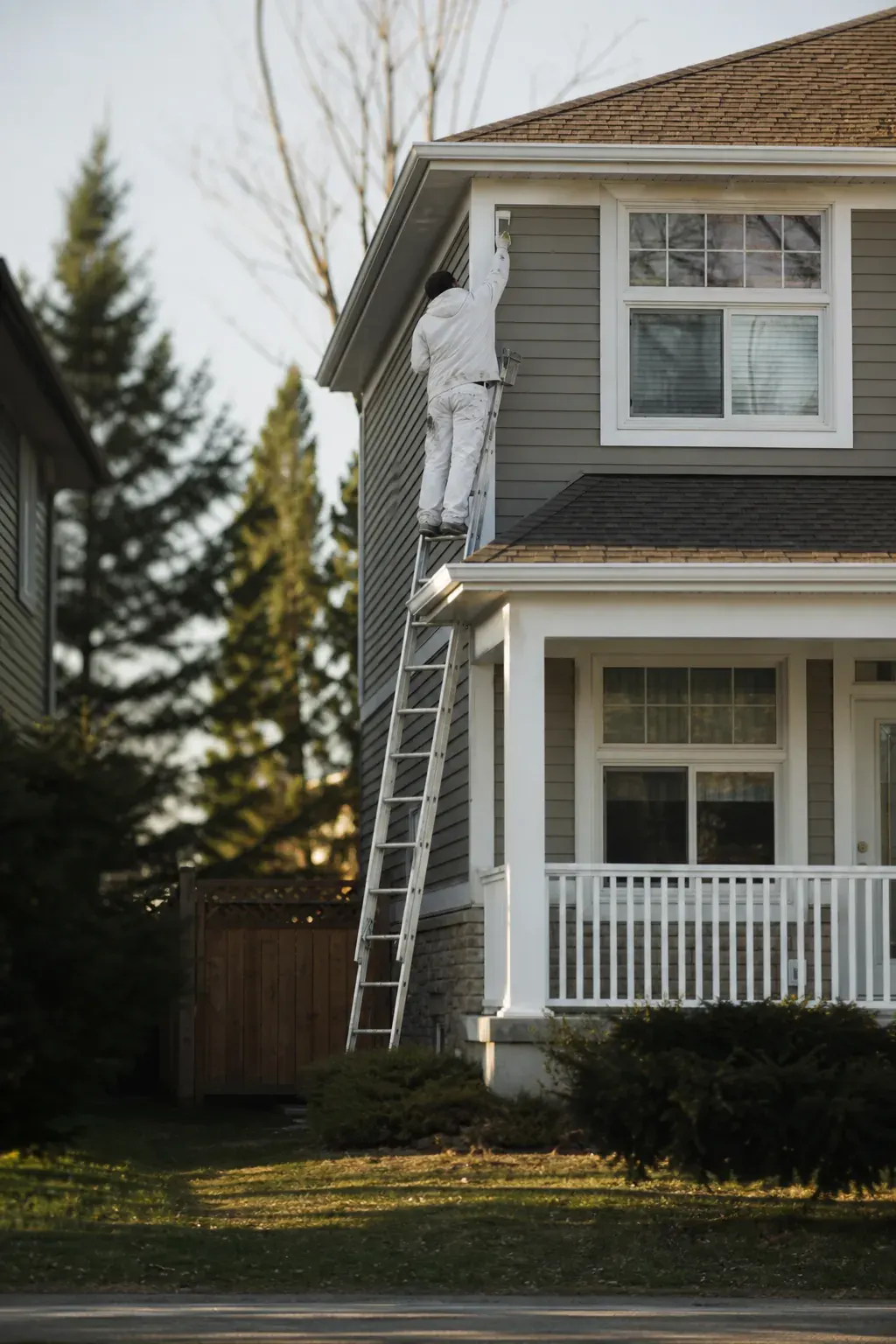 Painter on a ladder painting exterior trim