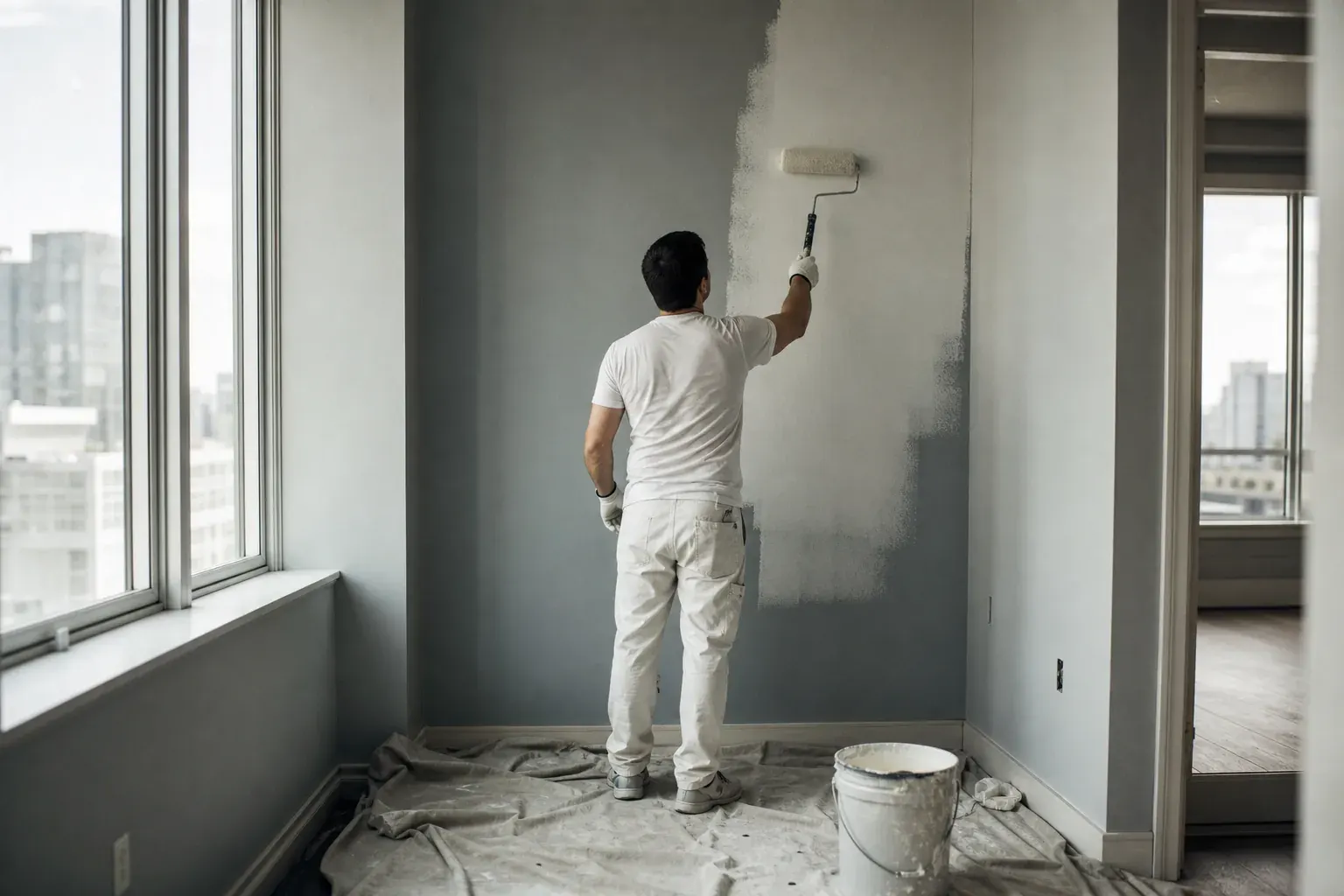 Painter rolling paint on an interior wall