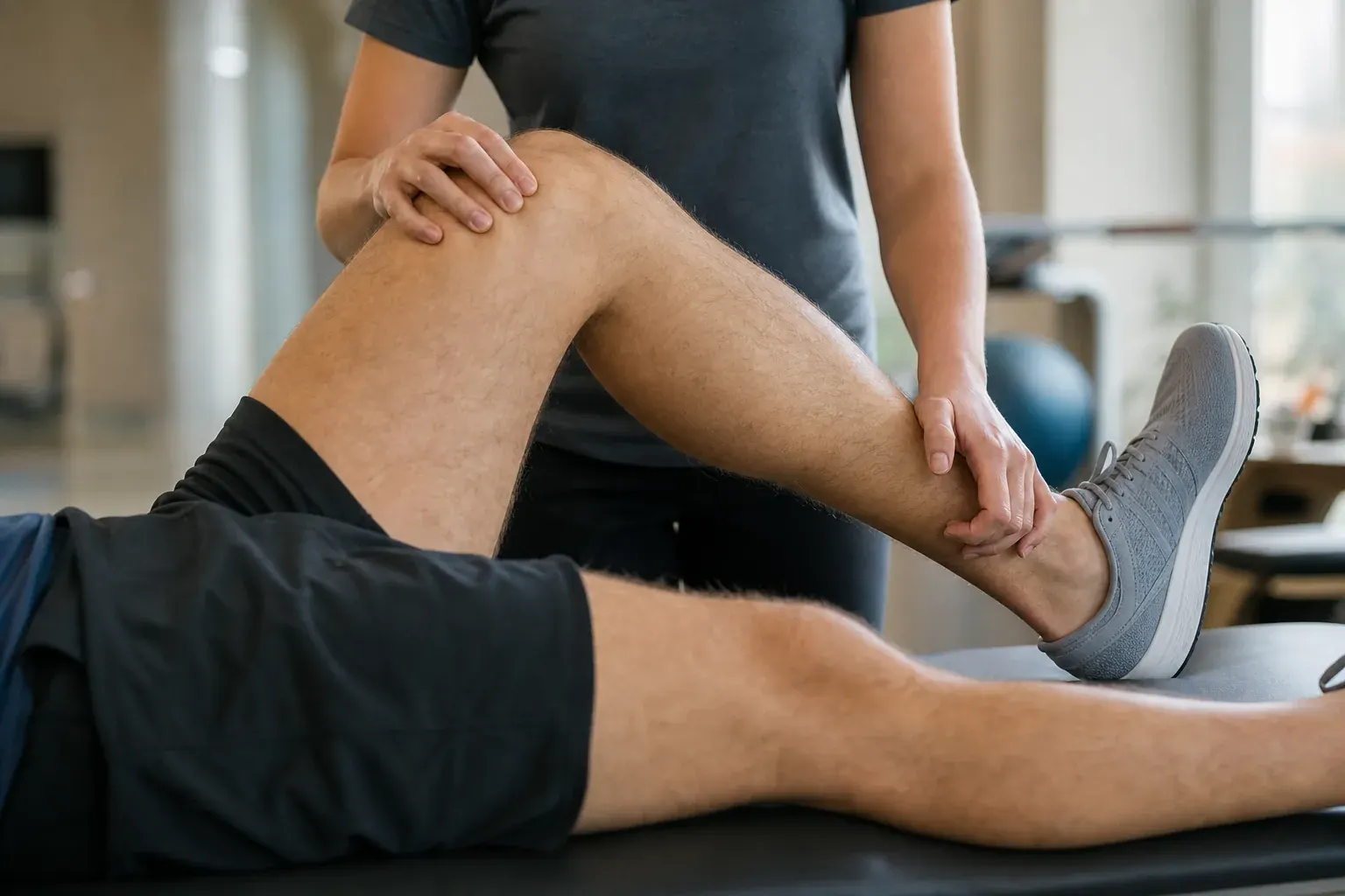 Physiotherapist guiding a patient through a knee exercise