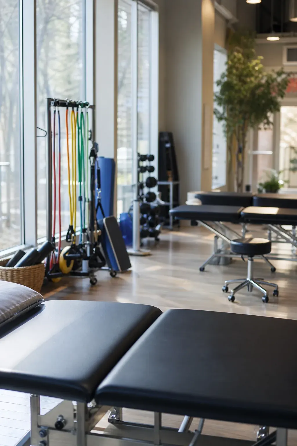 Physiotherapy clinic exercise area with treatment tables and equipment