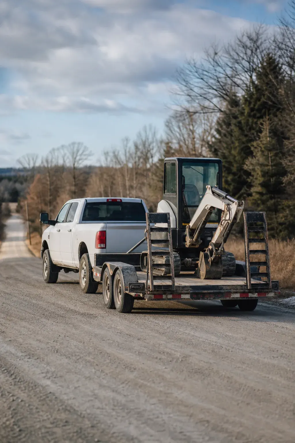 Work pickup truck towing an equipment trailer