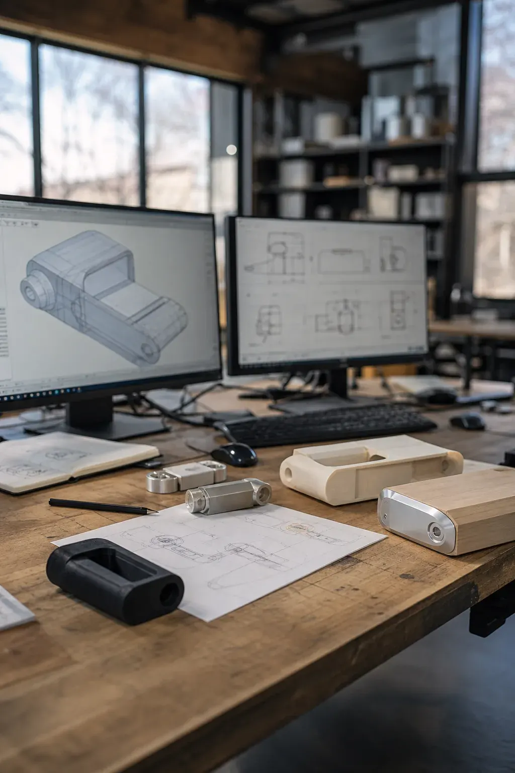 Product design workstation with CAD drawings