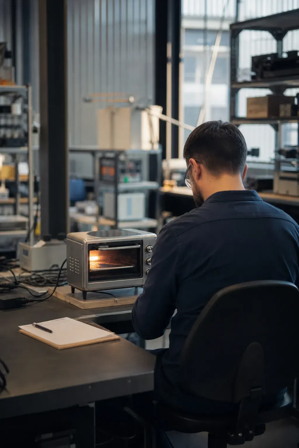 Technician safety testing a product in a lab