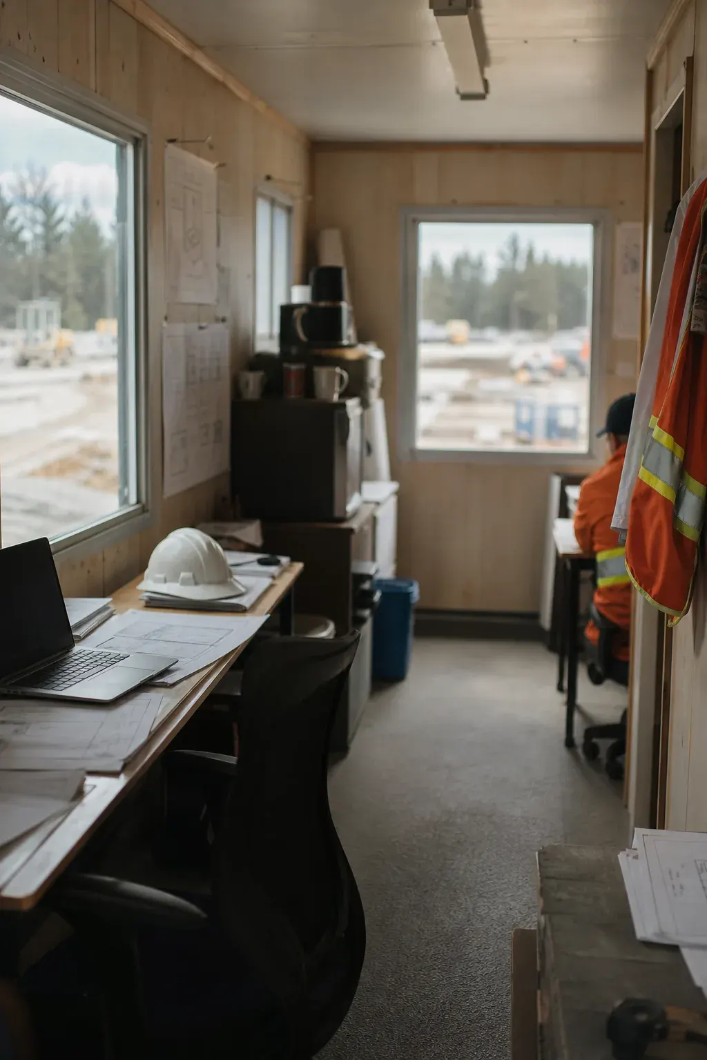 Inside a construction site trailer