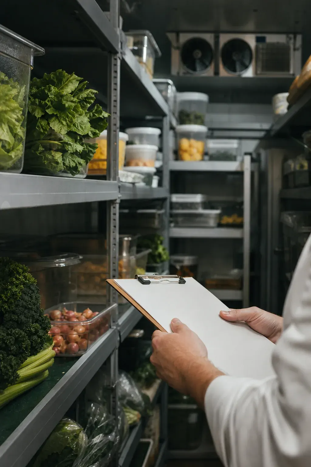 Checking stock in a walk-in cooler