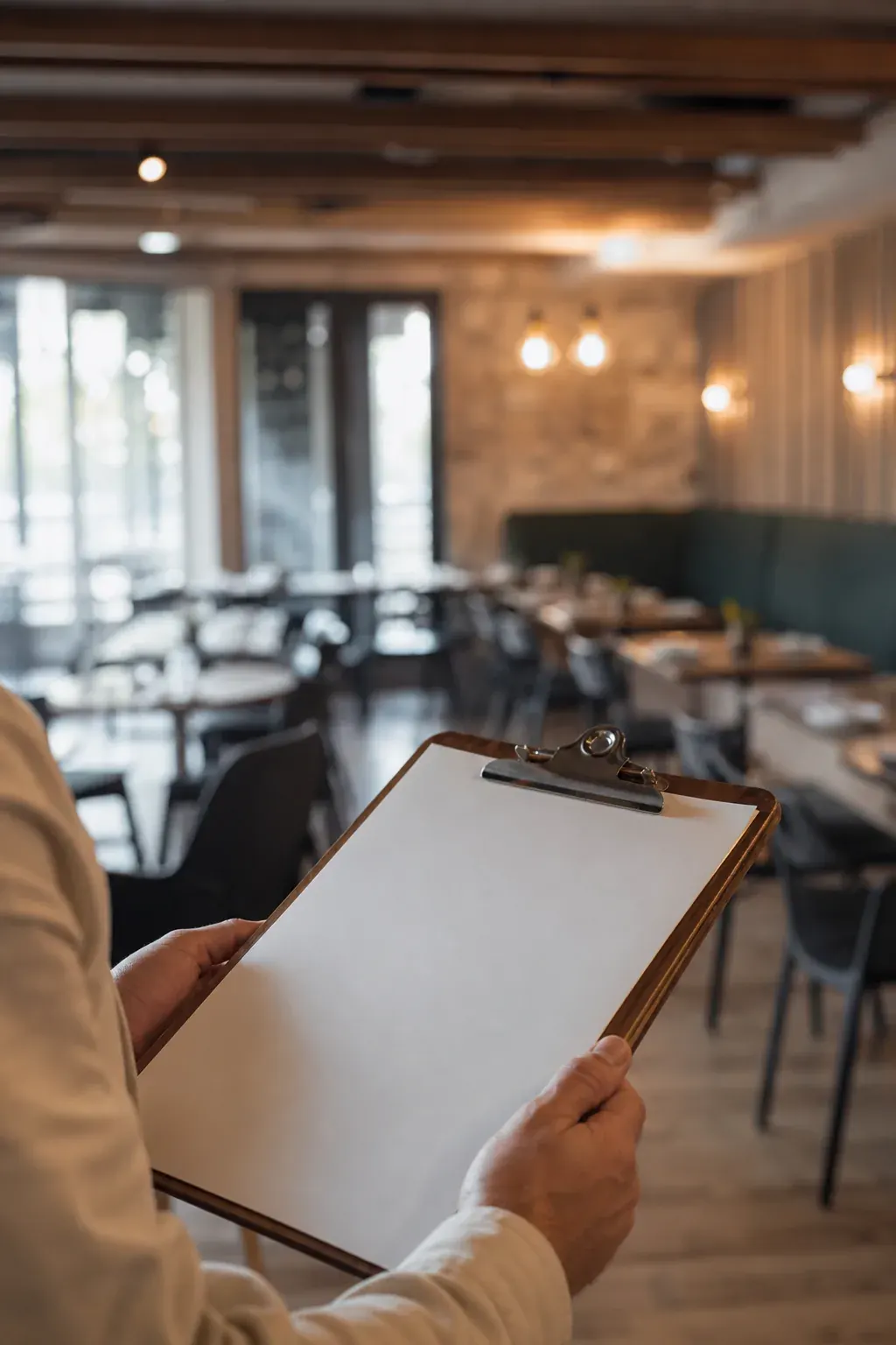 Restaurant owner with a checklist in a new dining room