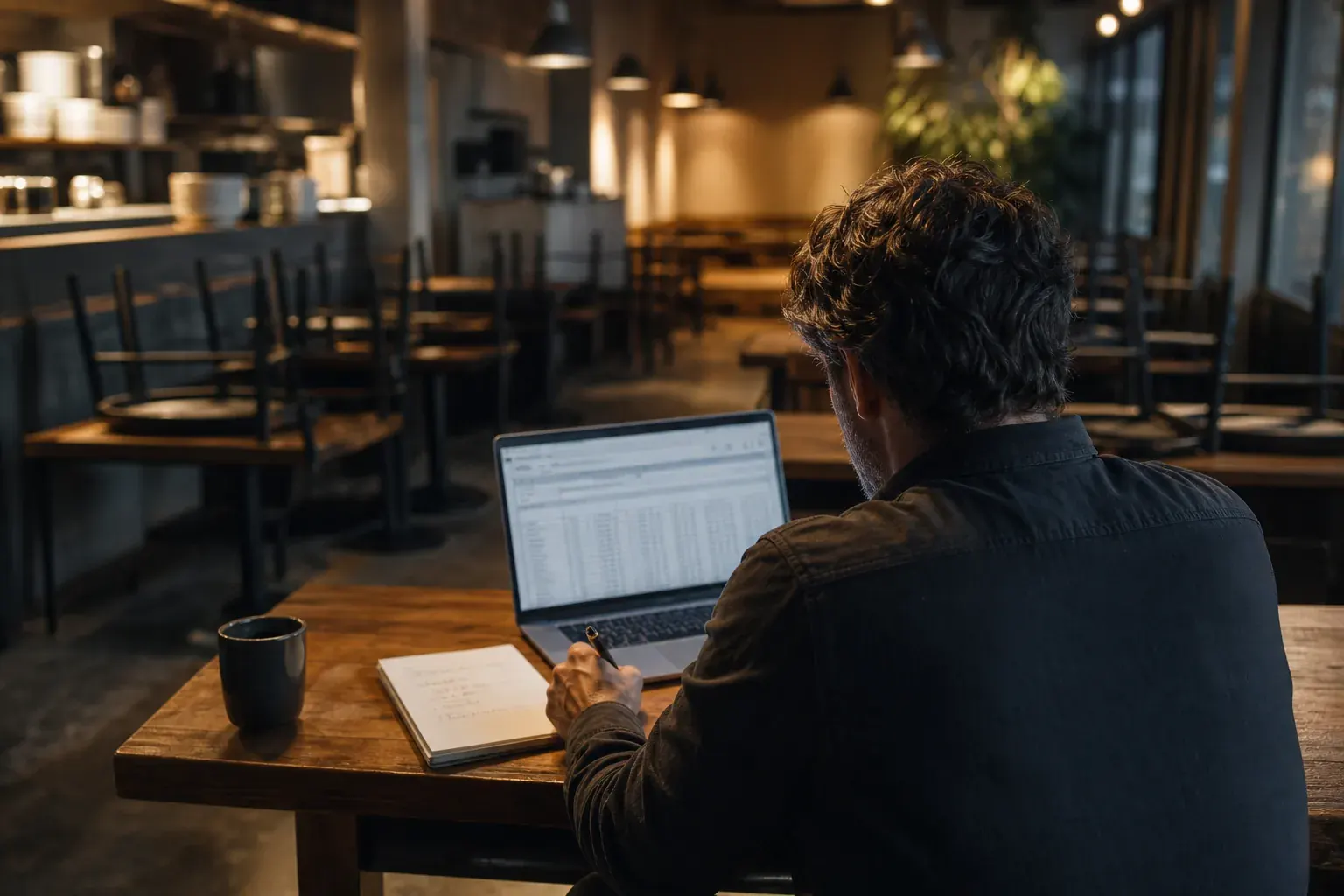 Restaurant owner reviewing costs on a laptop after close