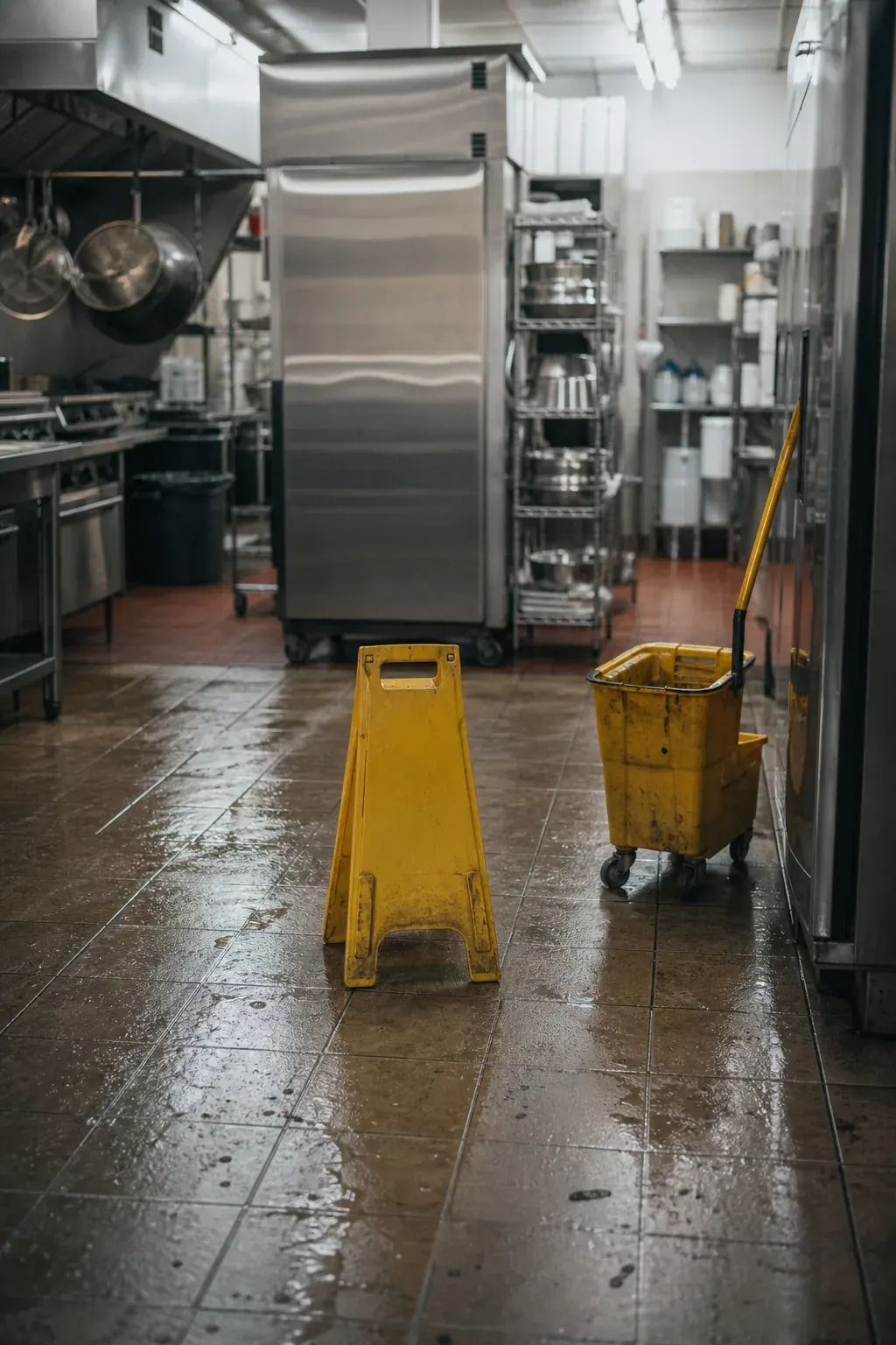 Wet kitchen floor with a caution sign