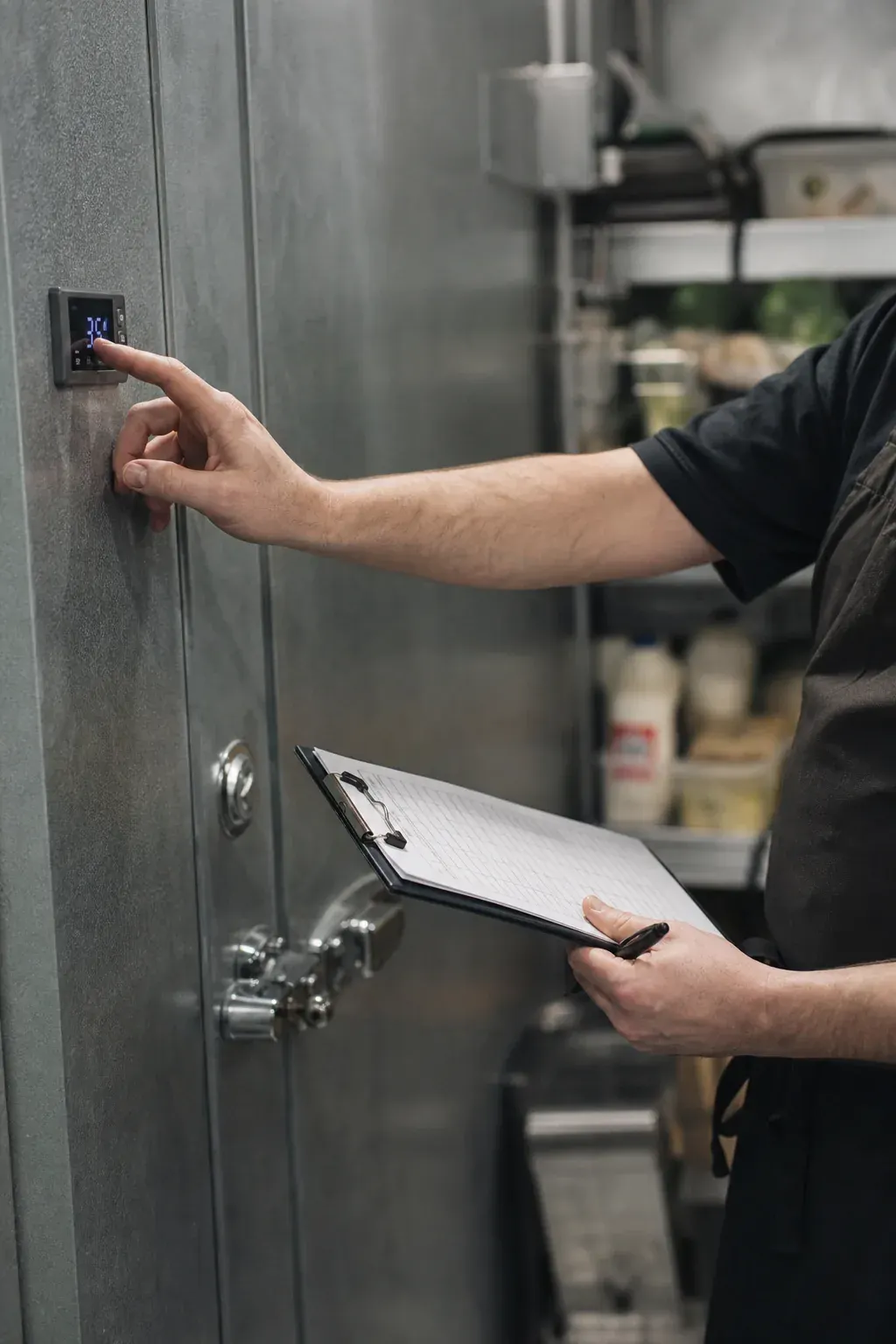 Worker checking a walk-in cooler temperature display