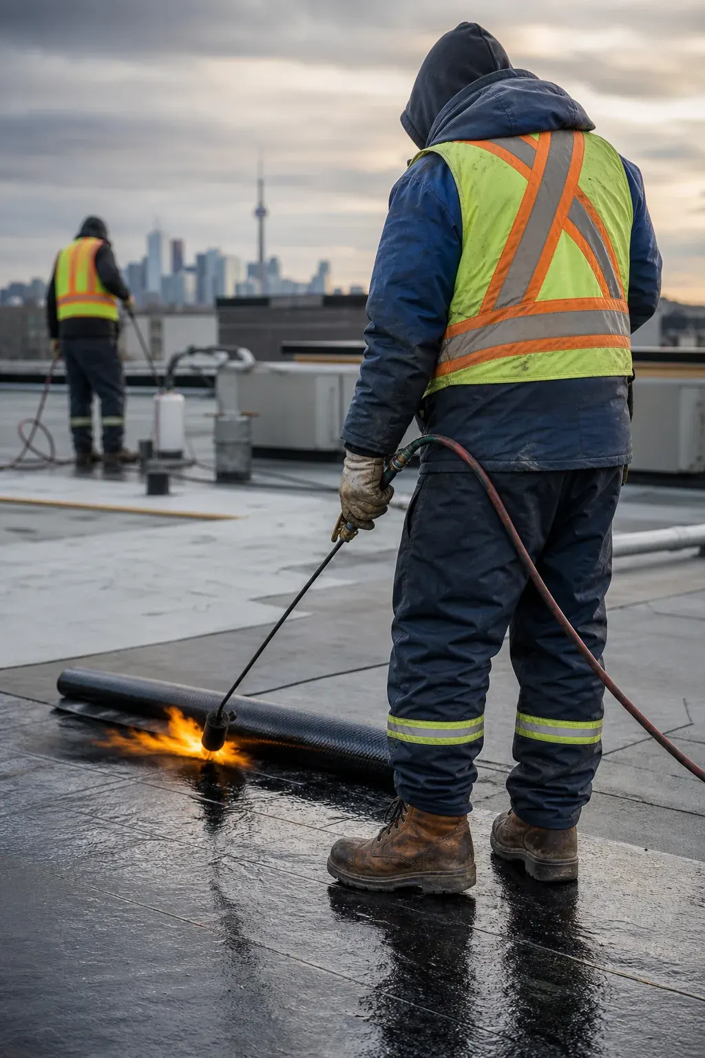 Roofing crew applying torch on membrane to a flat commercial roof in the GTA