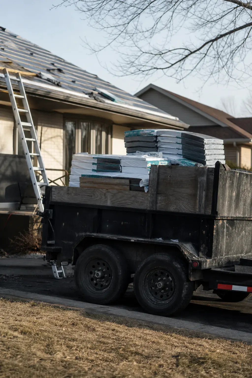 Bundles of shingles, a ladder and a dump trailer beside a house during a roof replacement