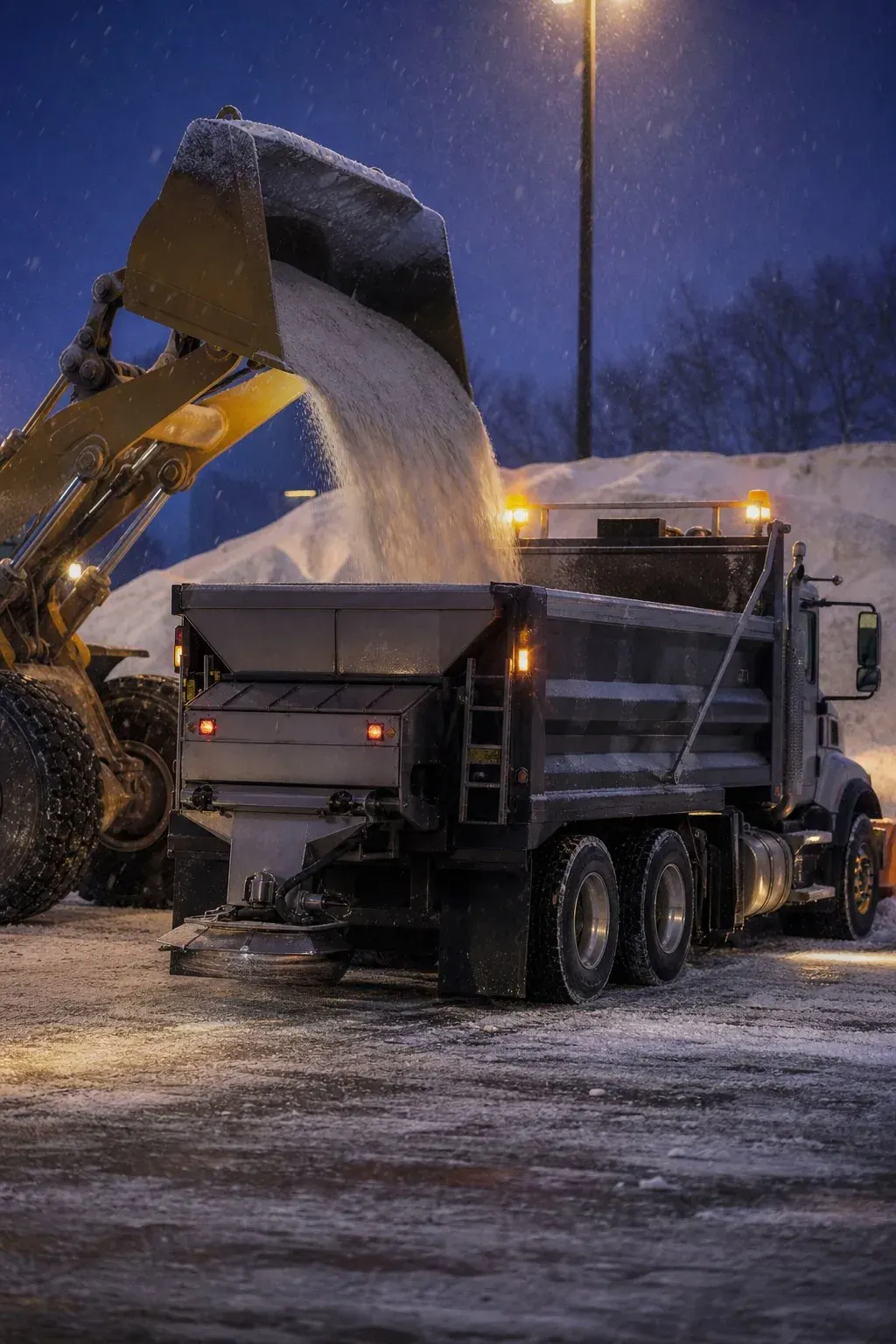 Salt truck being loaded with road salt at a snow removal yard at dusk