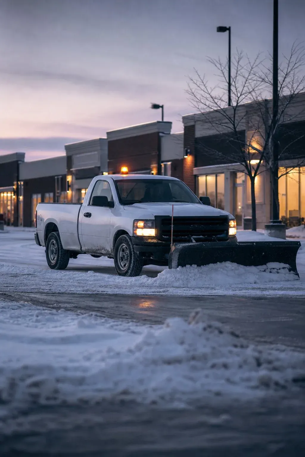 Pickup truck with a snow plow blade clearing a business plaza parking lot in Ontario at dawn