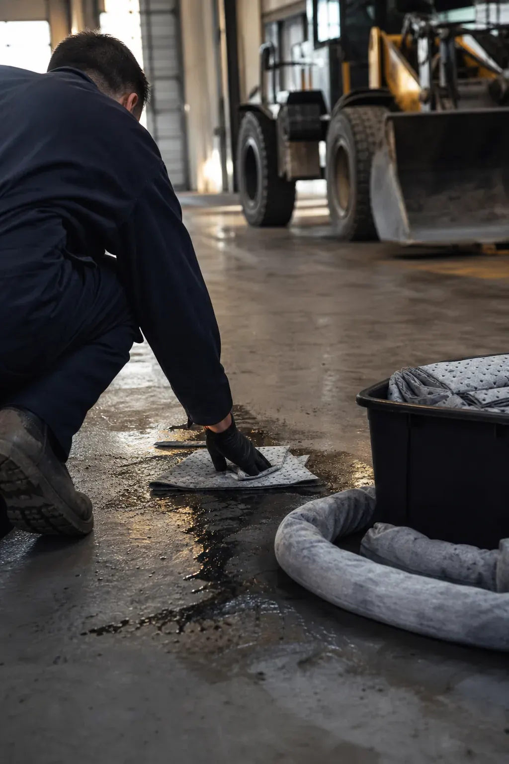 Cleaning up a spill with absorbent pads