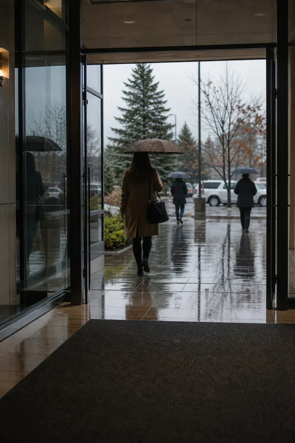 Wet entrance floor on a rainy day