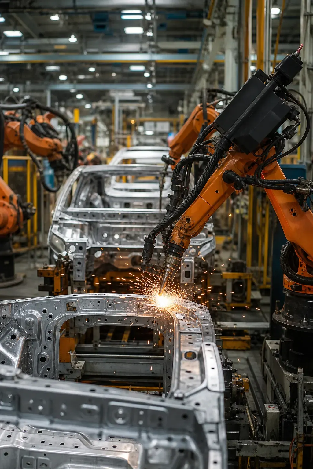 Automotive parts manufacturing line with robotic welders
